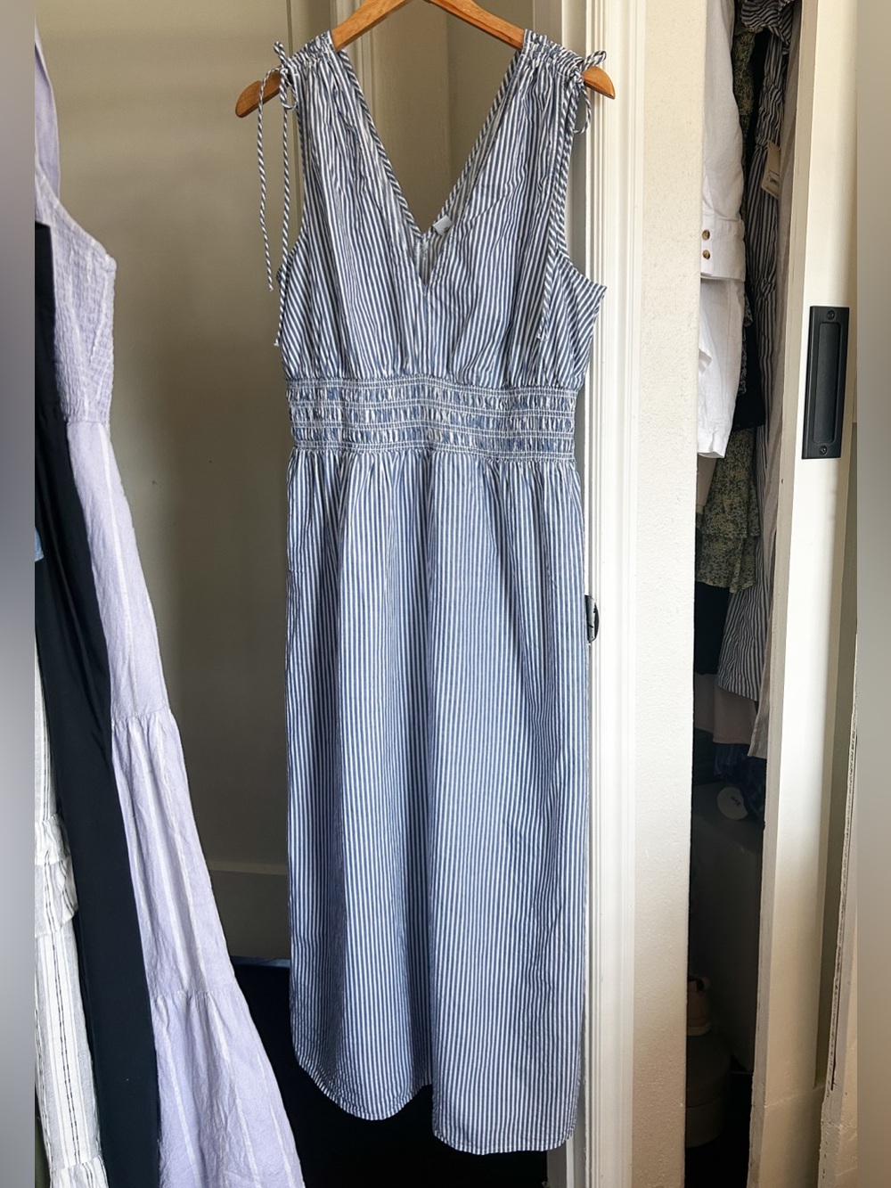NWOT 100% Cotton Striped Blue Tie-Shoulder Midi Dress - Picture 3 of 6